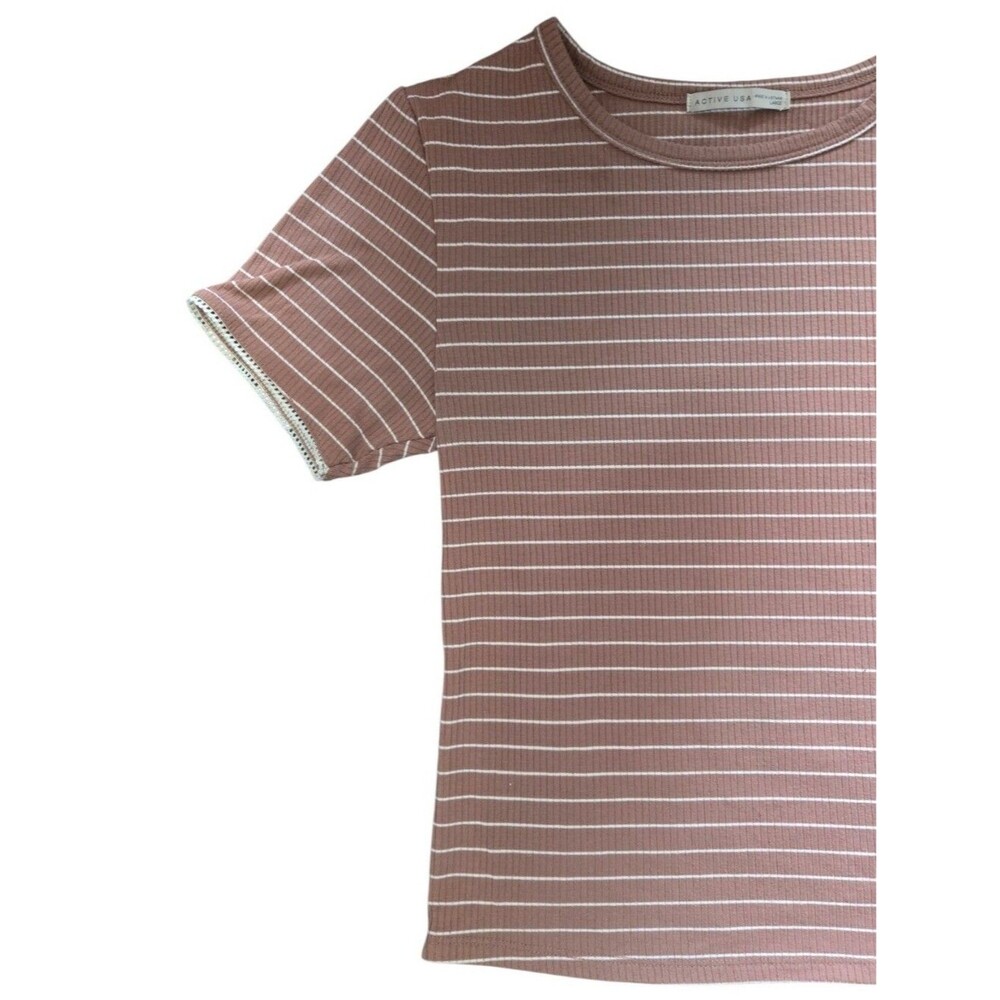 Active USA Pink & White Striped Ribbed Baby Tee Top - L